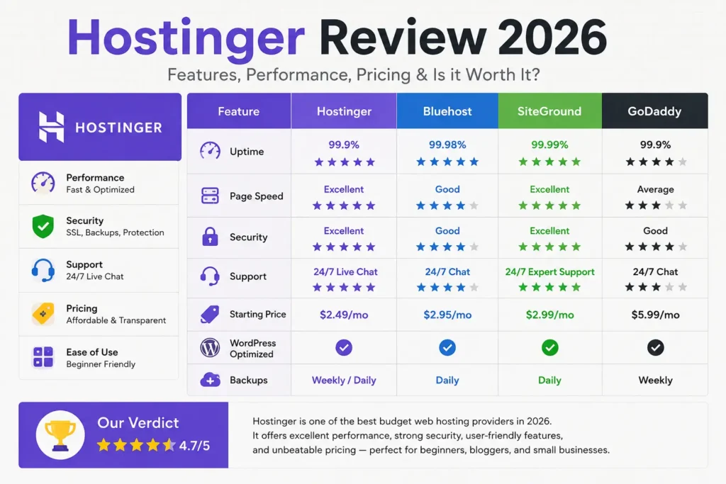 Hostinger review 2026 dashboard, pricing, and performance comparison