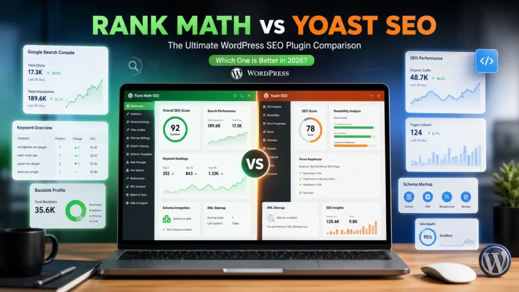 Rank Math vs Yoast SEO comparison infographic showing features, pricing, and which WordPress SEO plugin wins in 2026